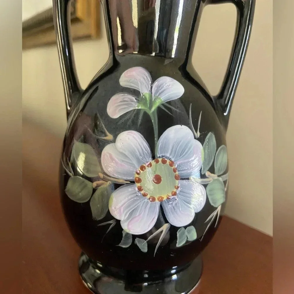 🩵 Black Glaze Pottery 2 Handle Vase with Hand painted Flowers